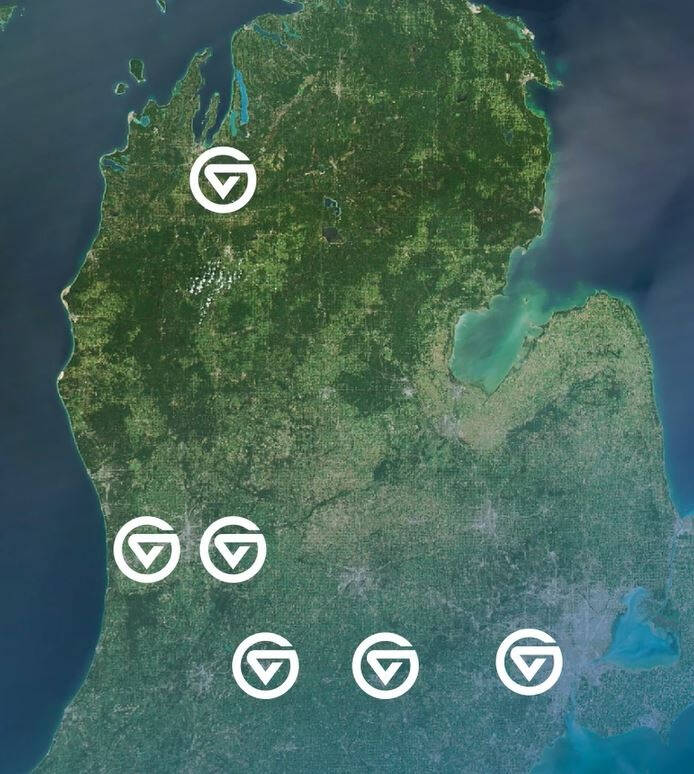Satellite map of Michigan's lower peninsula with white circle icons marking locations.